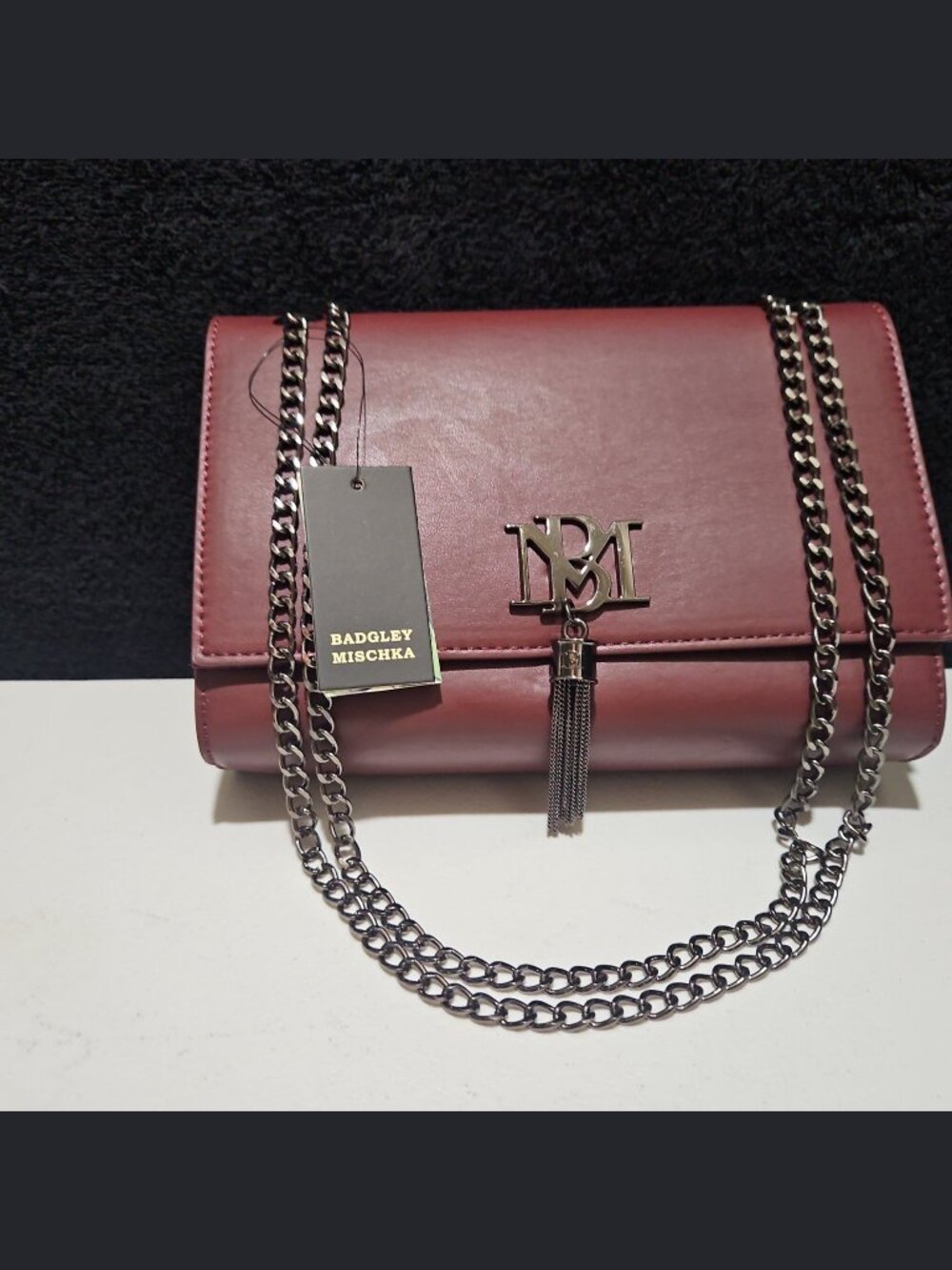 Badgley Mischka Wine Metal Fringe Crossbody NWT